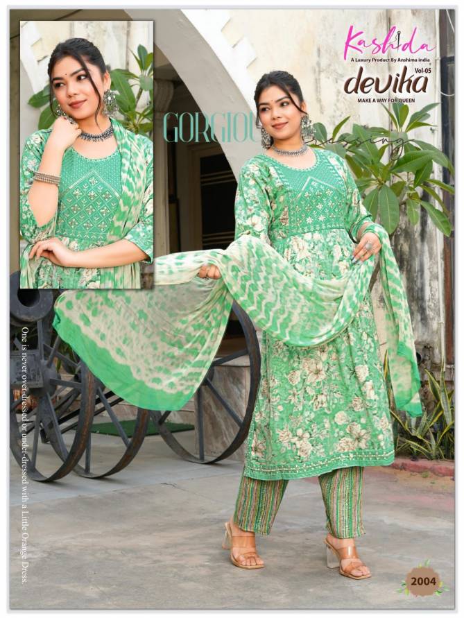 Devika Vol 5 By Kashida Capsule Foil Printed Naira Cut Kurti With Bottom Dupatta Wholesale Online